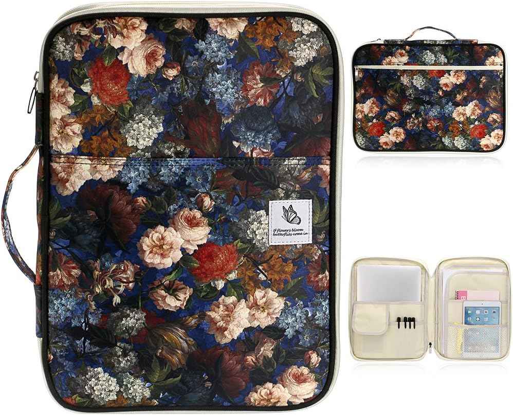 A4 Document Bags Portfolio Organizer-Zippered Case Beige Flower