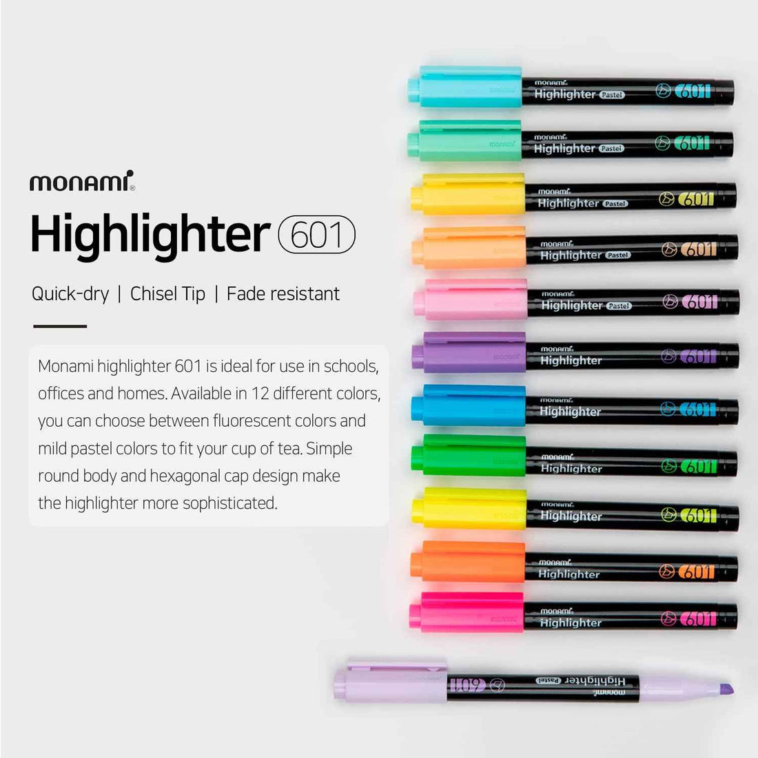 MONAMI Highlighter 601 Pastel,Chisel Tip,Assorted Colors,6-Pack Standard