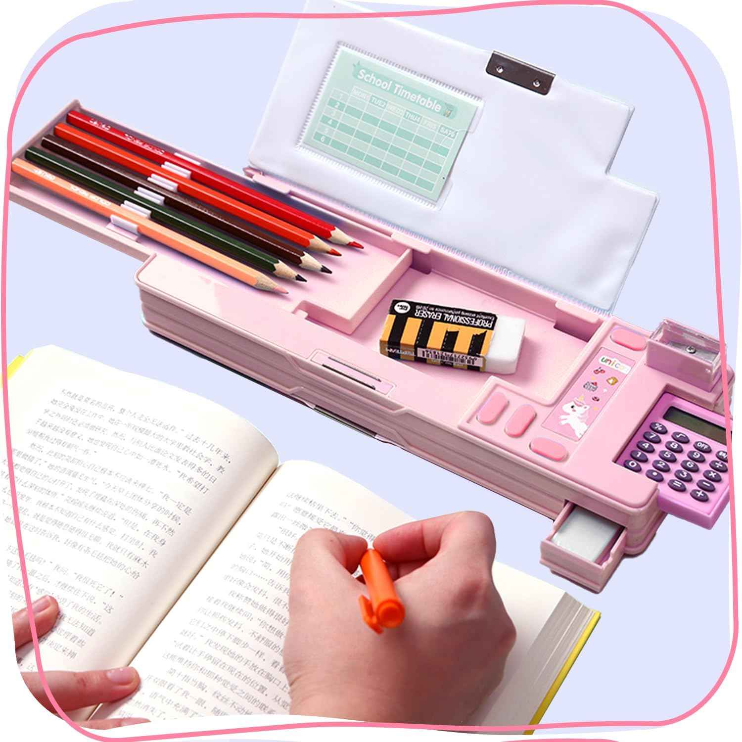 Multifunction Pencil Case with Calculator Sharpener Pink Unicorn