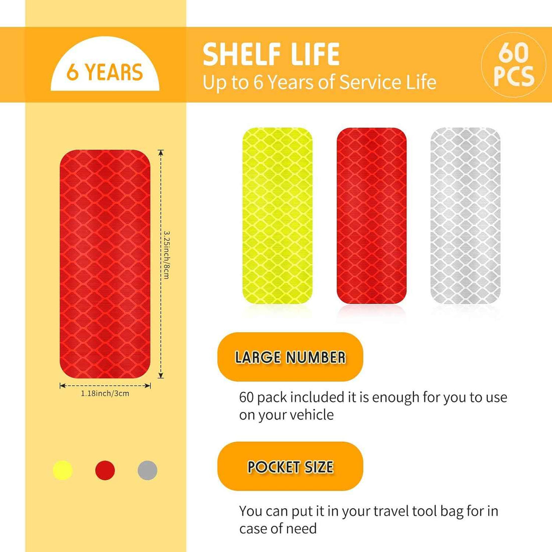 60PCS Warning Safety Reflective Tape Stickers 3x8cm