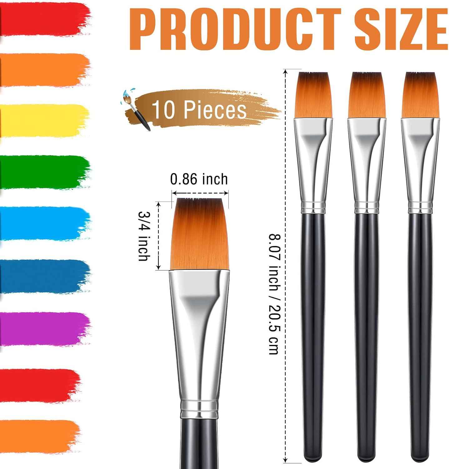 10 Pieces 3/4 Inch Flat Acrylic Paint Brushes for Kid Adult
