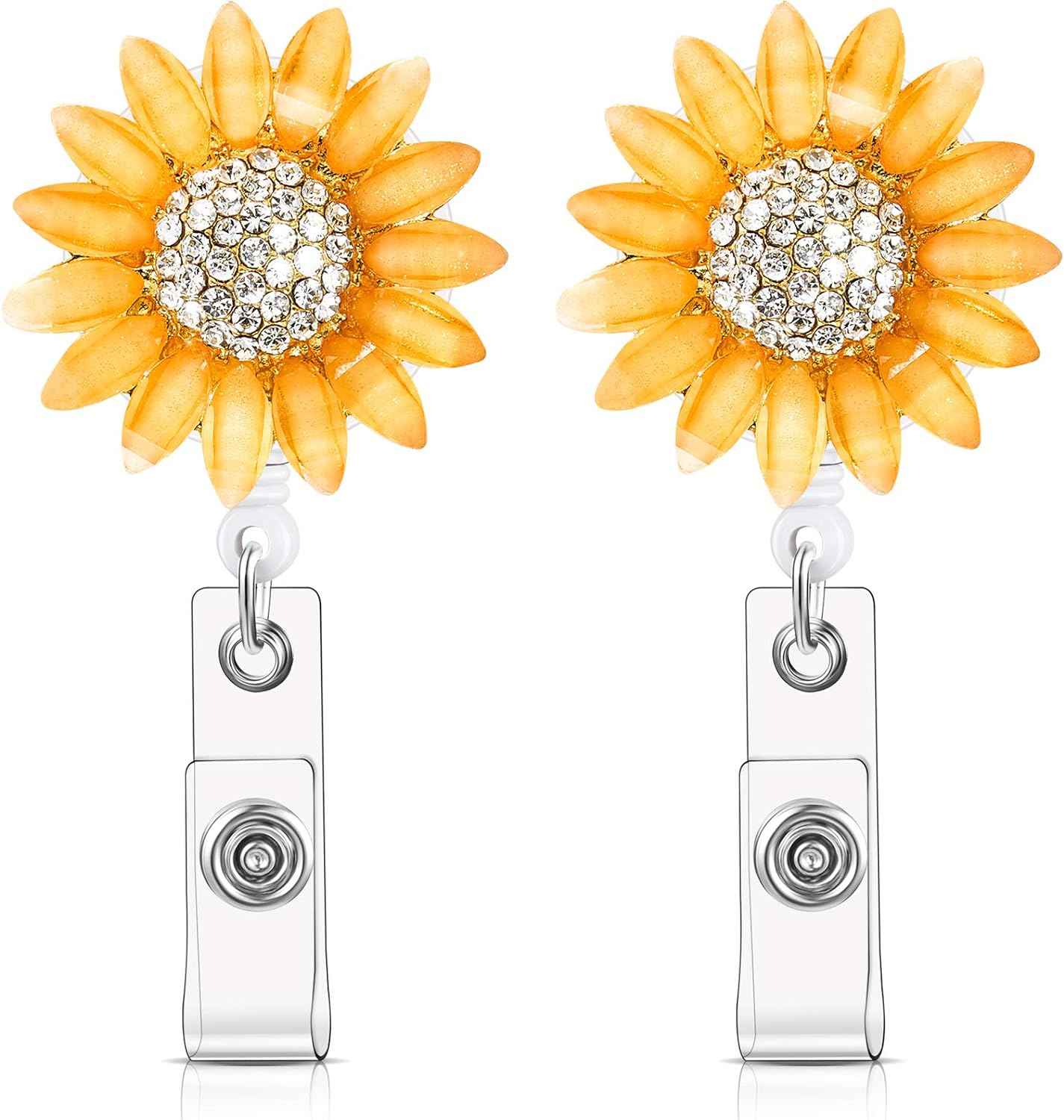 Retractable Sunflower Badge Reel Holder with Alligator Clip 2 Pack Orange