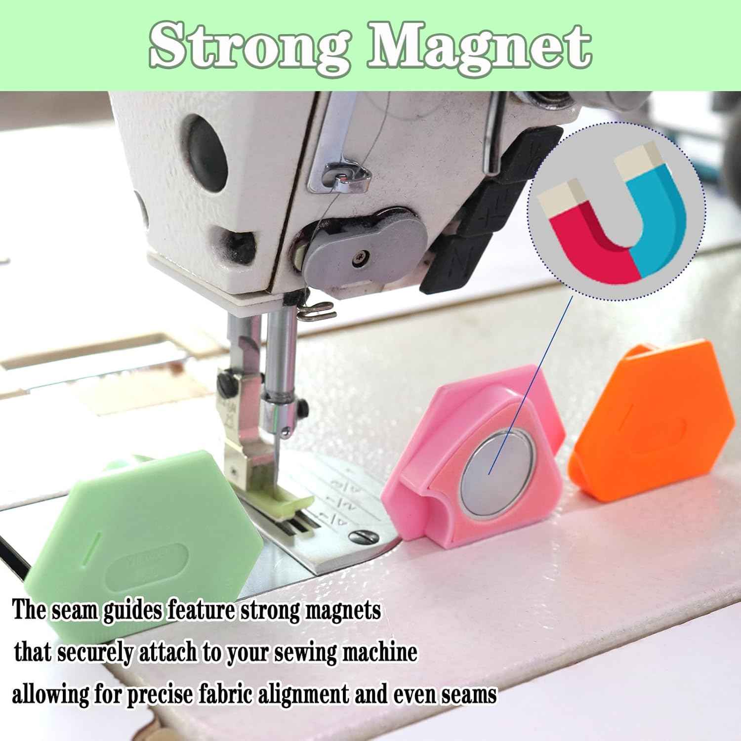 Magnetic seam guide attached to sewing machine for precise fabric alignment