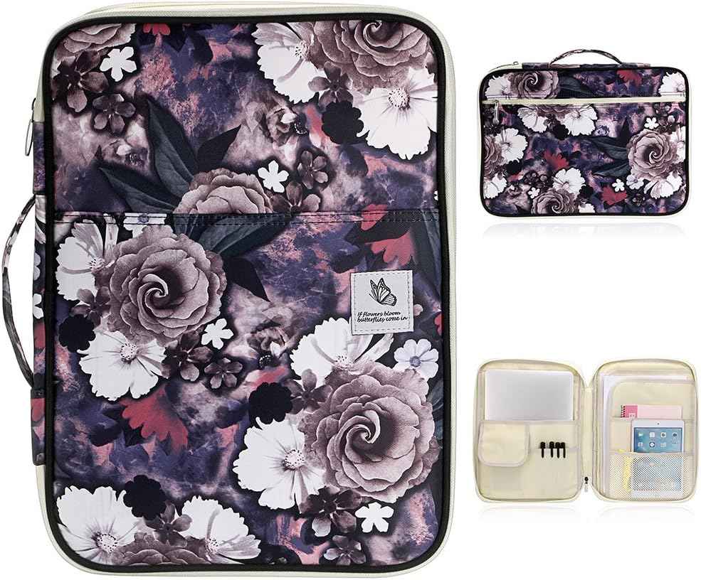 A4 Document Bags Portfolio Organizer-Zippered Case White Flower