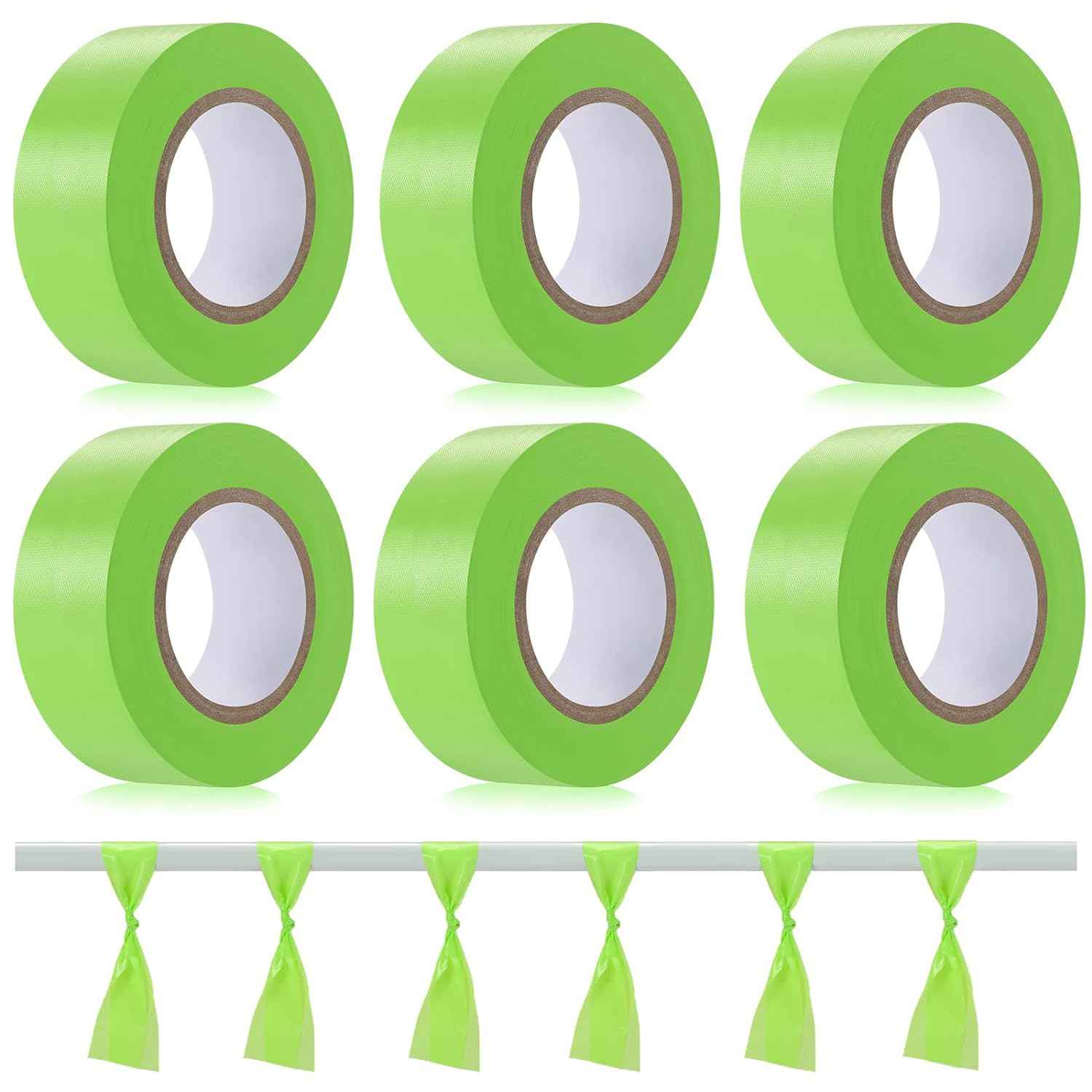 6 Pack Flagging Tape,Neon Marking Survey for Boundaries Hazardous Area Green