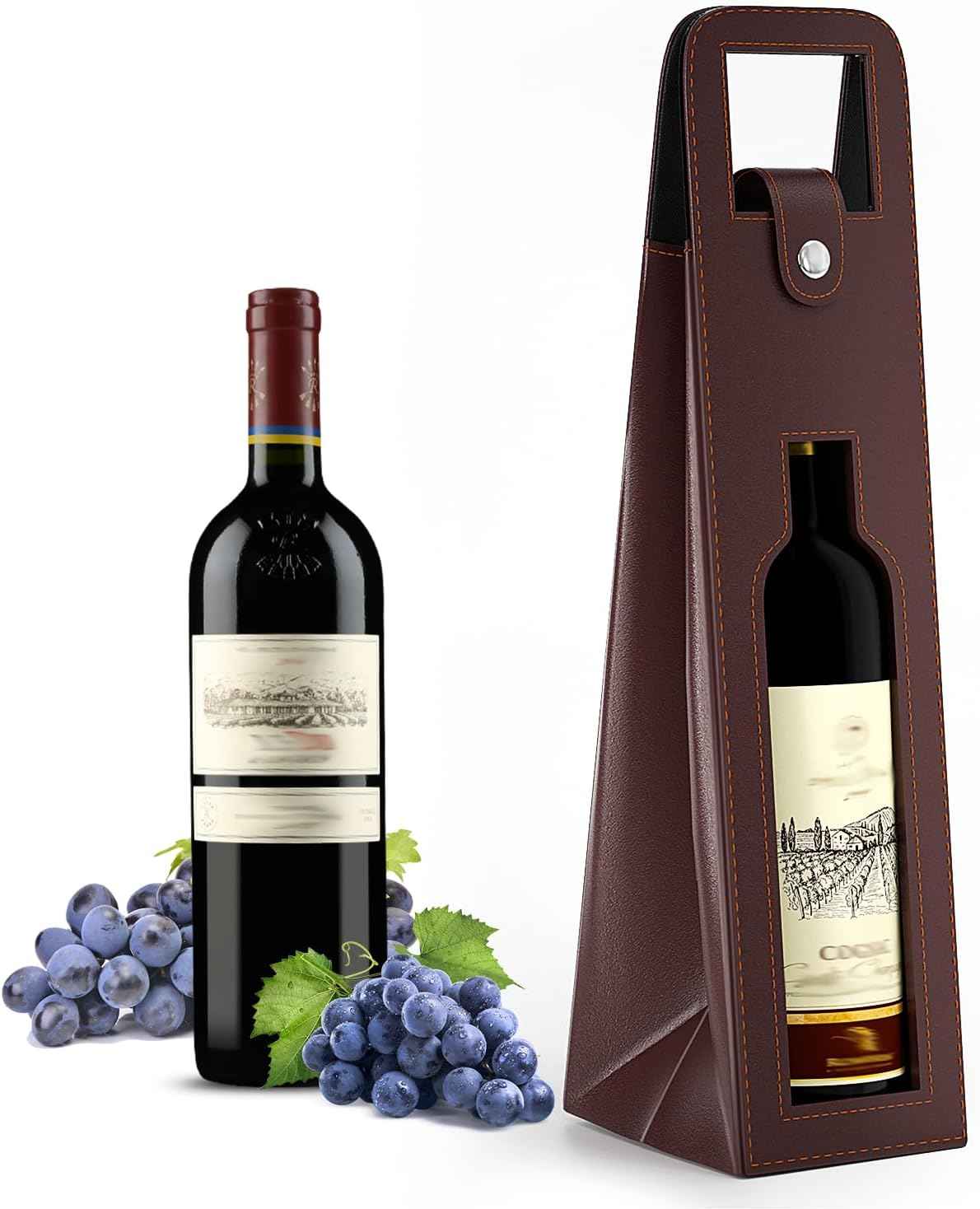 2 Pack Wine Gift Bag, Reusable Leather Wine Tote Carrier Brown B