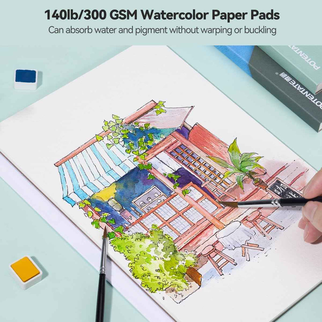 POTENTATE Watercolor Paper Block,100% Cotton,20 Sheets Fine Grain