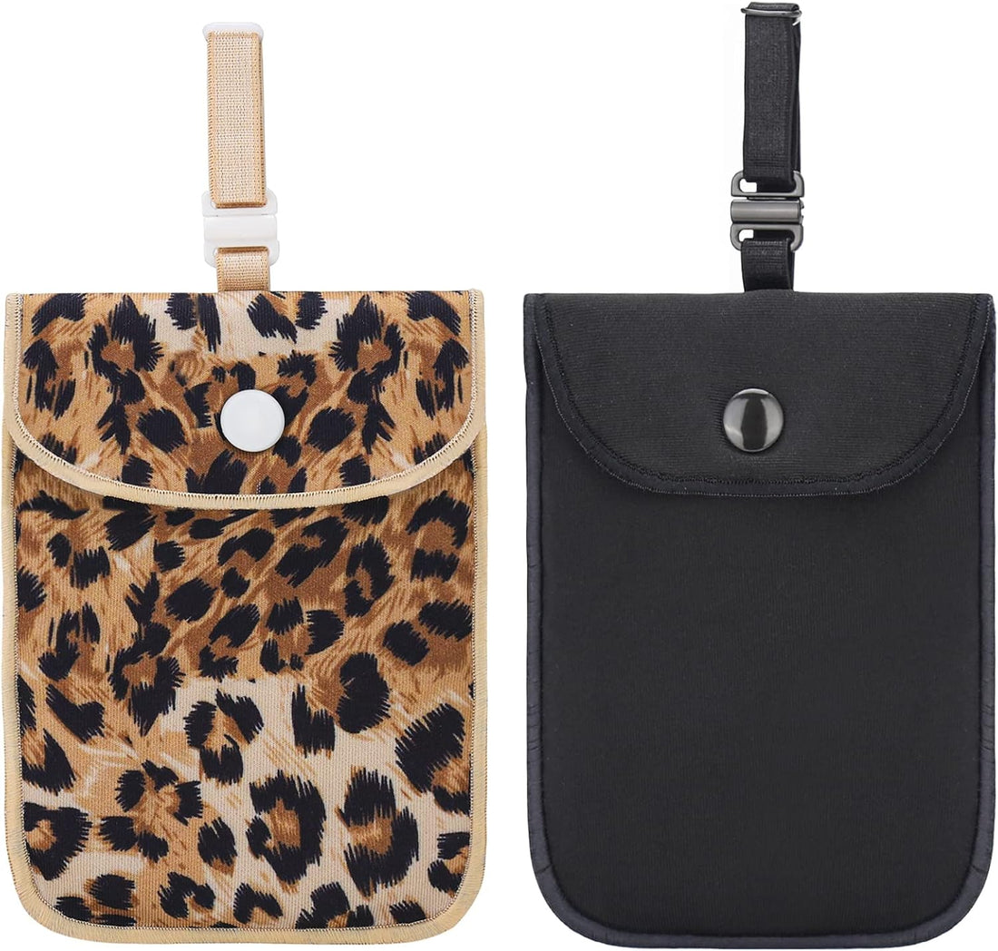 Hidden Bra Concealed Women's Lingerie Wallets for Secure Travel 2 Pack Black & Leopard Print