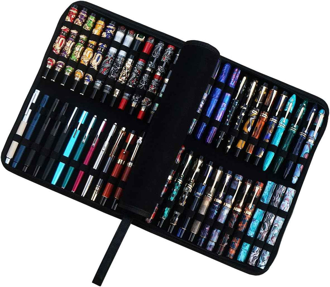 48 Slots Fountain Pen Holder PU Leather Case Black
