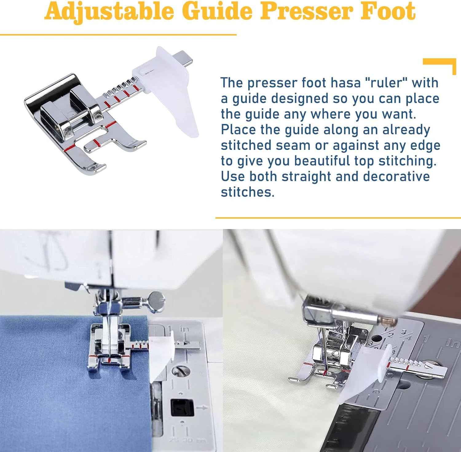 Adjustable guide presser foot with ruler-style guide for straight or decorative stitching