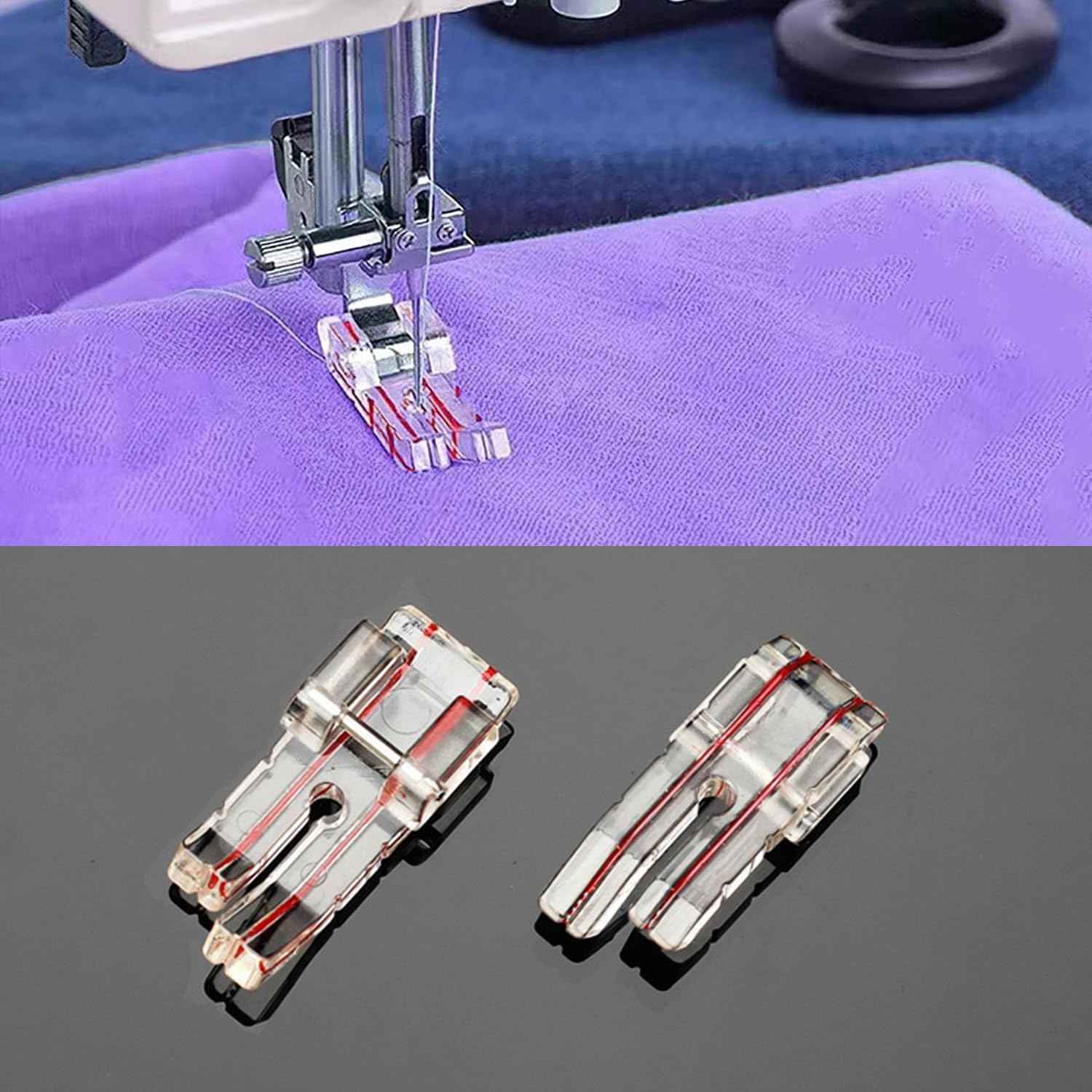 Two clear presser feet with red alignment markings and metal frames