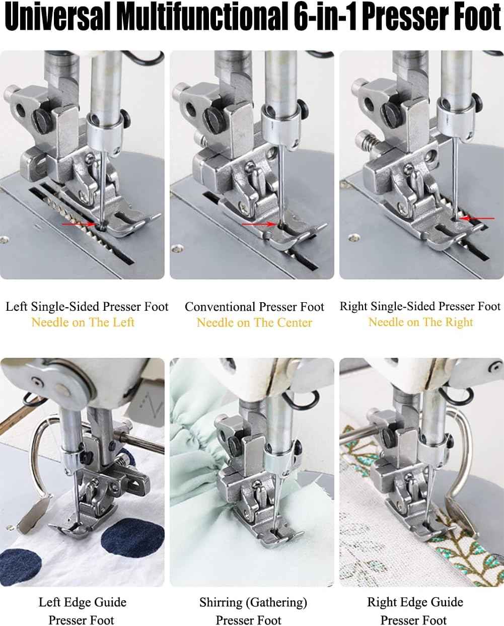6-in-1 shirring presser foot with left, center, right guide positions