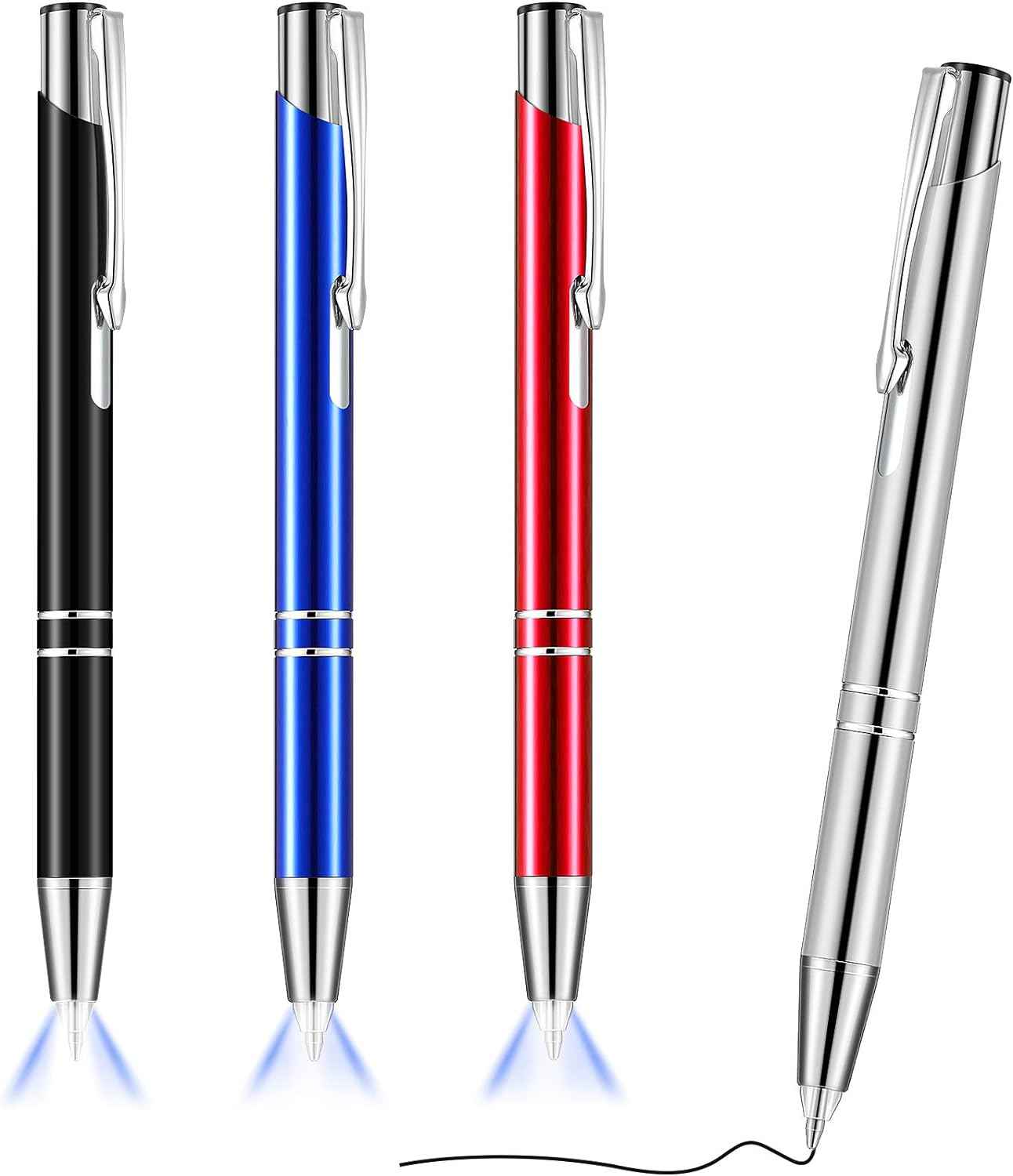 4 Pack Ballpoint Pens with LED Light for Writing in the Dark Black, Silver, Blue, Red