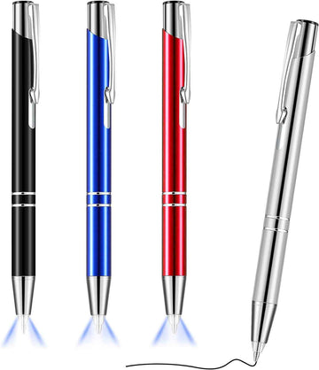 4 Pack Ballpoint Pens with LED Light for Writing in the Dark Black, Silver, Blue, Red