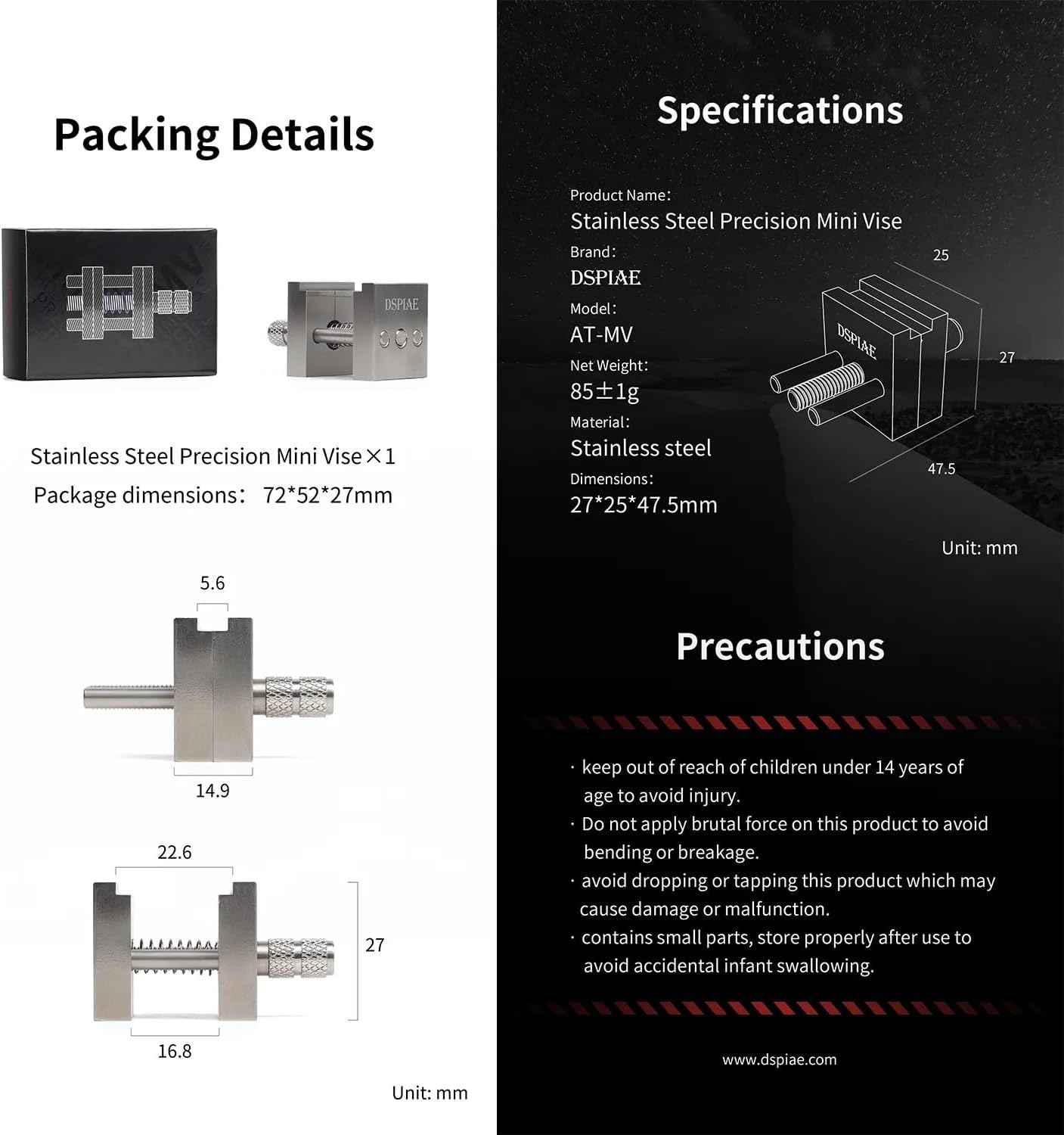 DSPIAE Stainless Steel Precision Mini Vise Grip Width 0.88inch - 0.22inch (AT-MV)