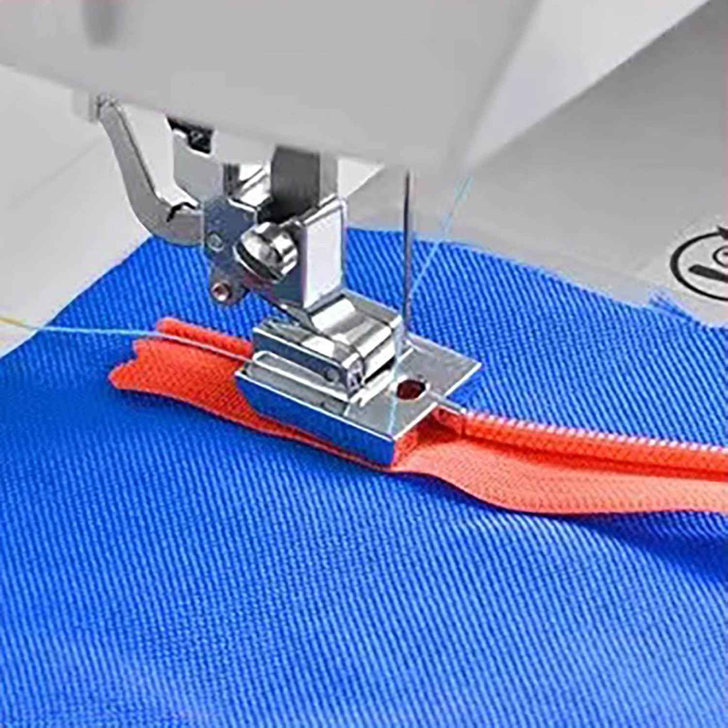 Invisible zipper presser foot stitched on fabric with an orange zipper tape