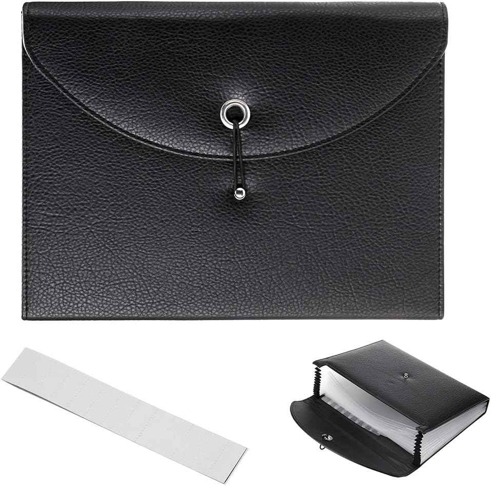 PU Leather 13 Pockets A4 Paper Expanding File Folder Document Organizer Black