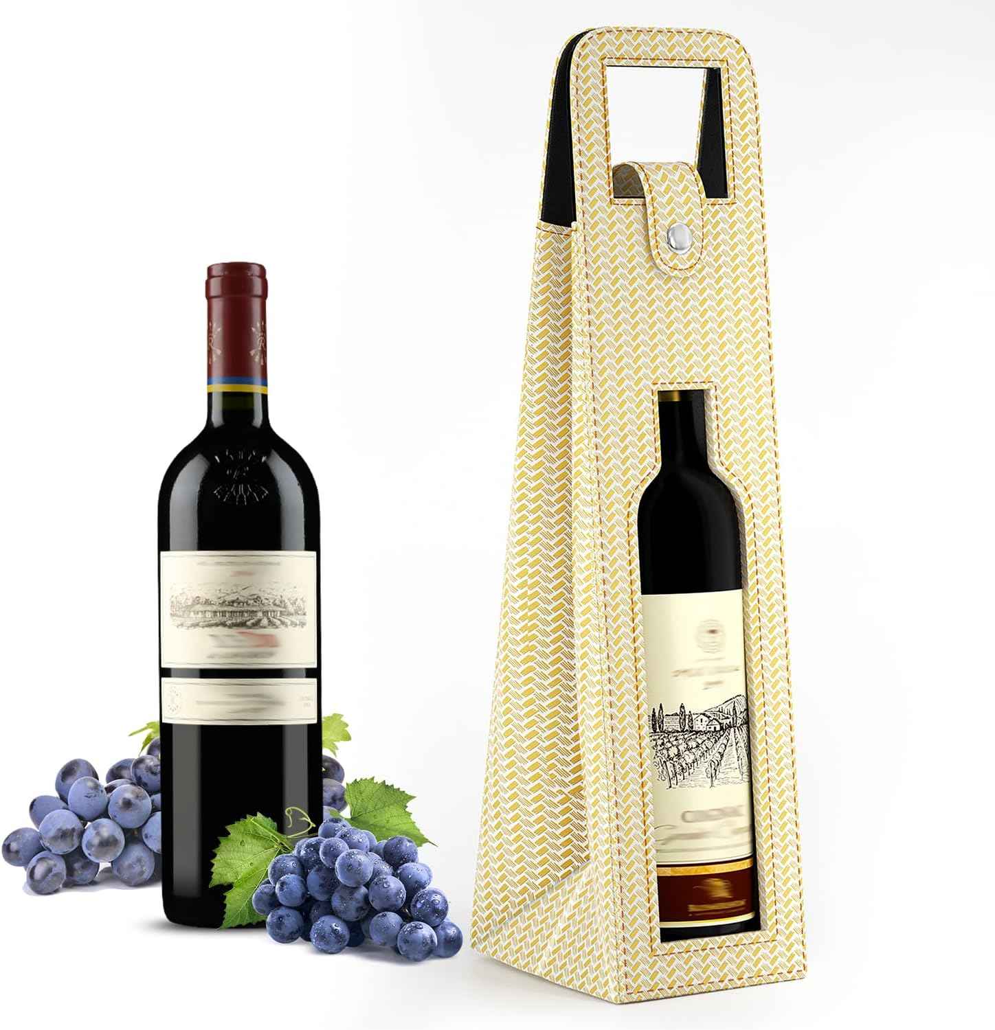 2 Pack Wine Gift Bag, Reusable Leather Wine Tote Carrier Beige B