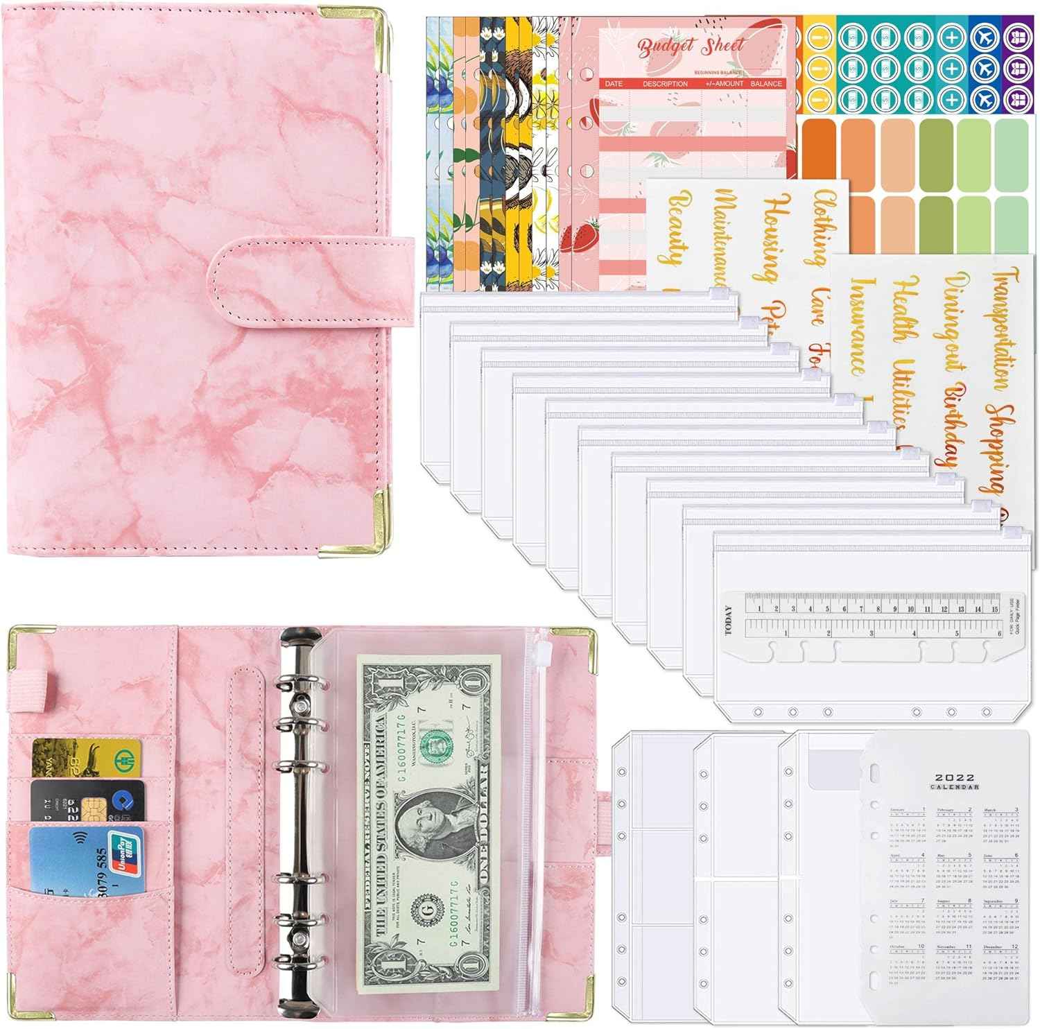 A6 Budget Binder with 12pcs Zipper Cash Envelopes Money Organizer Pink