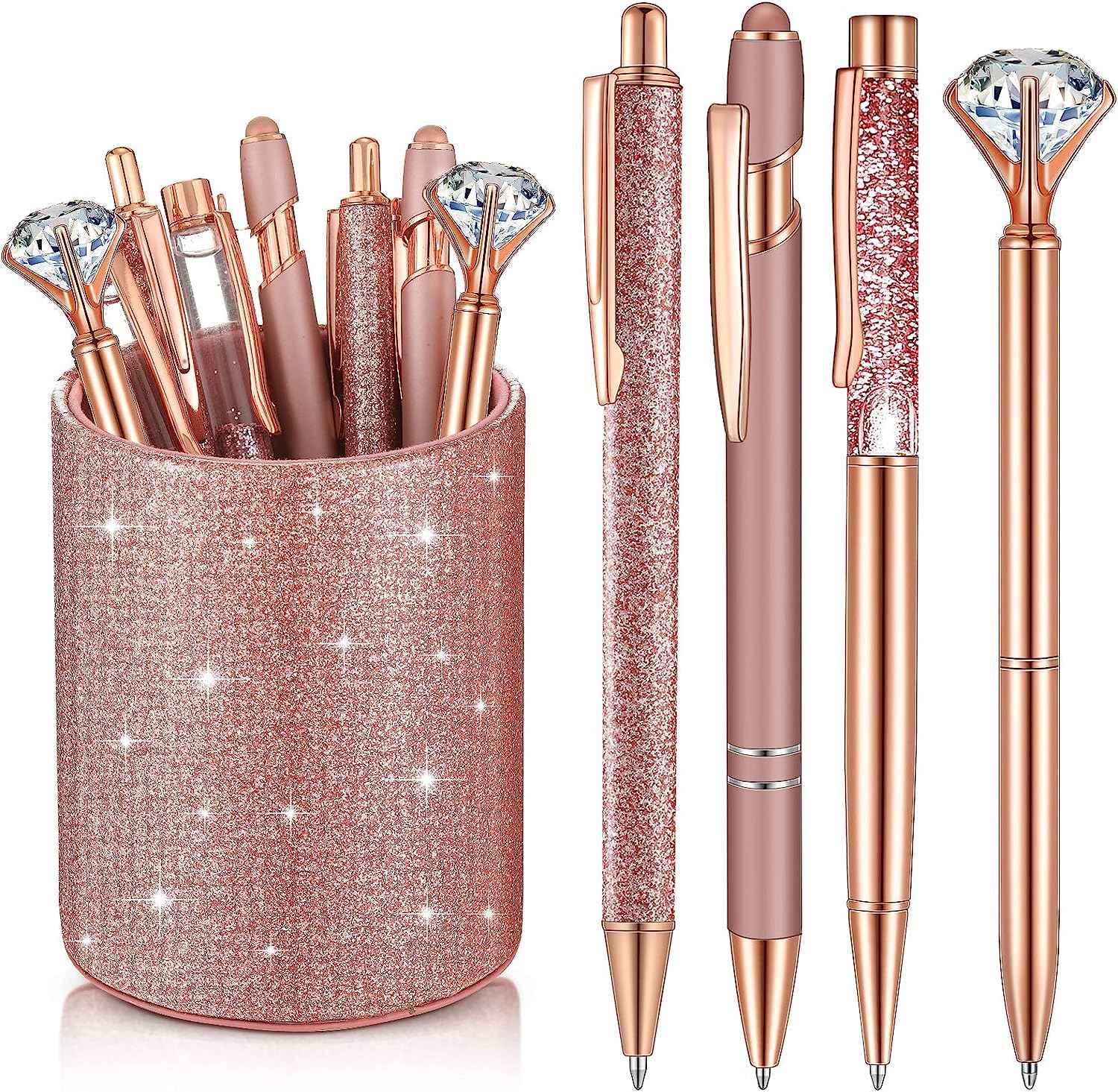 8Pcs Crystal Glitter Ballpoint Pens with Pen Holder for Desk Organizer Rose Gold