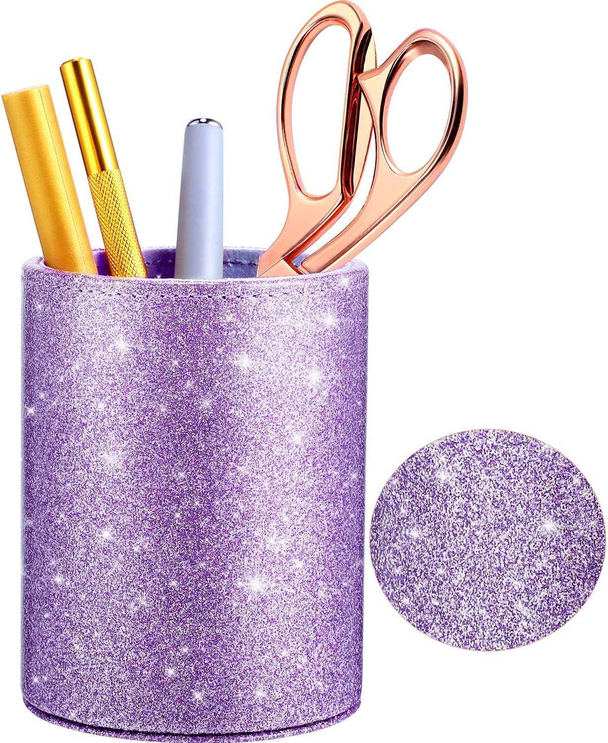 PU Glitter Pen Holder Shiny for Women Girls,Luxury Makeup Brush Holder Purple