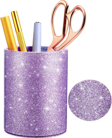 PU Glitter Pen Holder Shiny for Women Girls,Luxury Makeup Brush Holder Purple