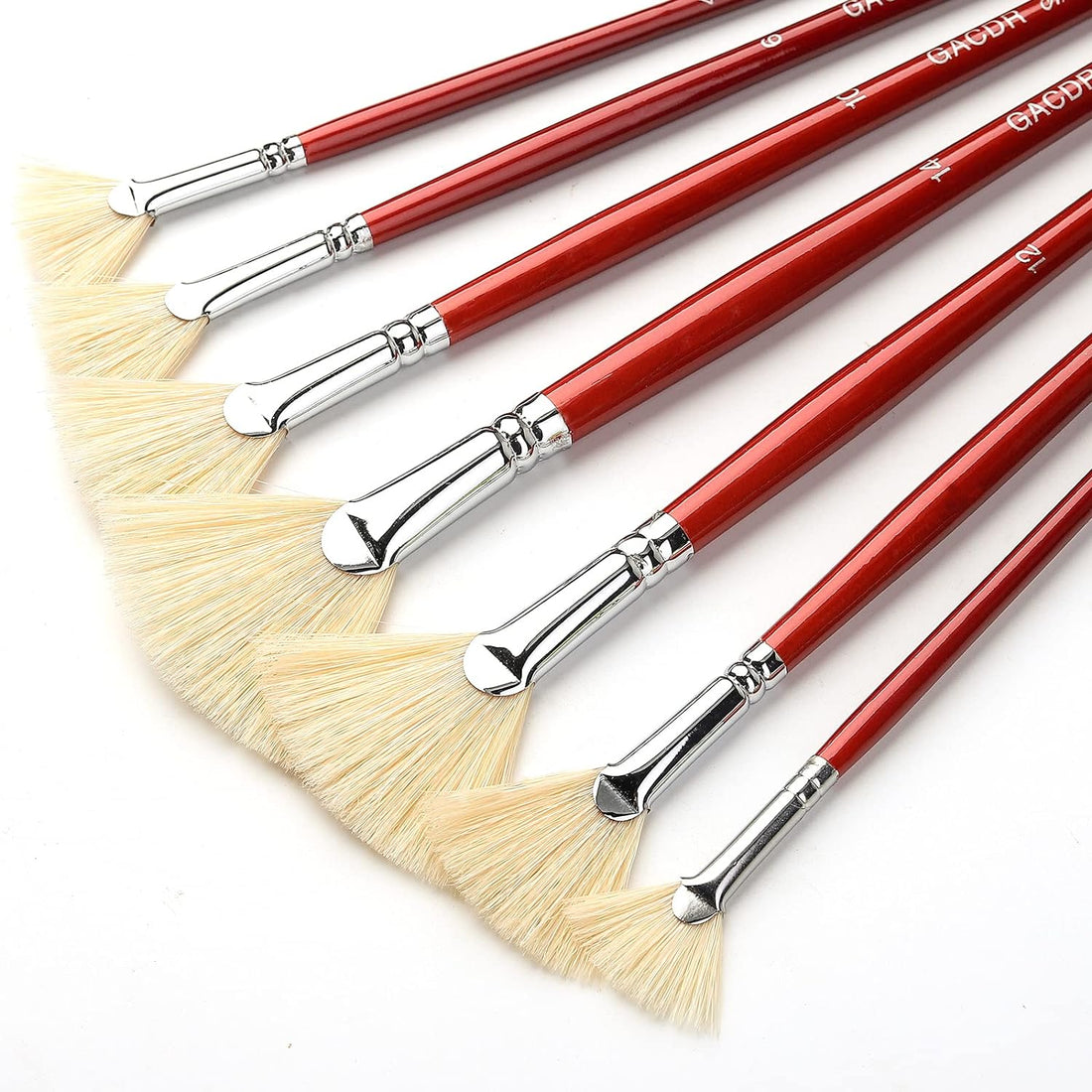 7Pcs Fan Artist Brushes with Hog Bristle Natural Hair Long Wood Handle