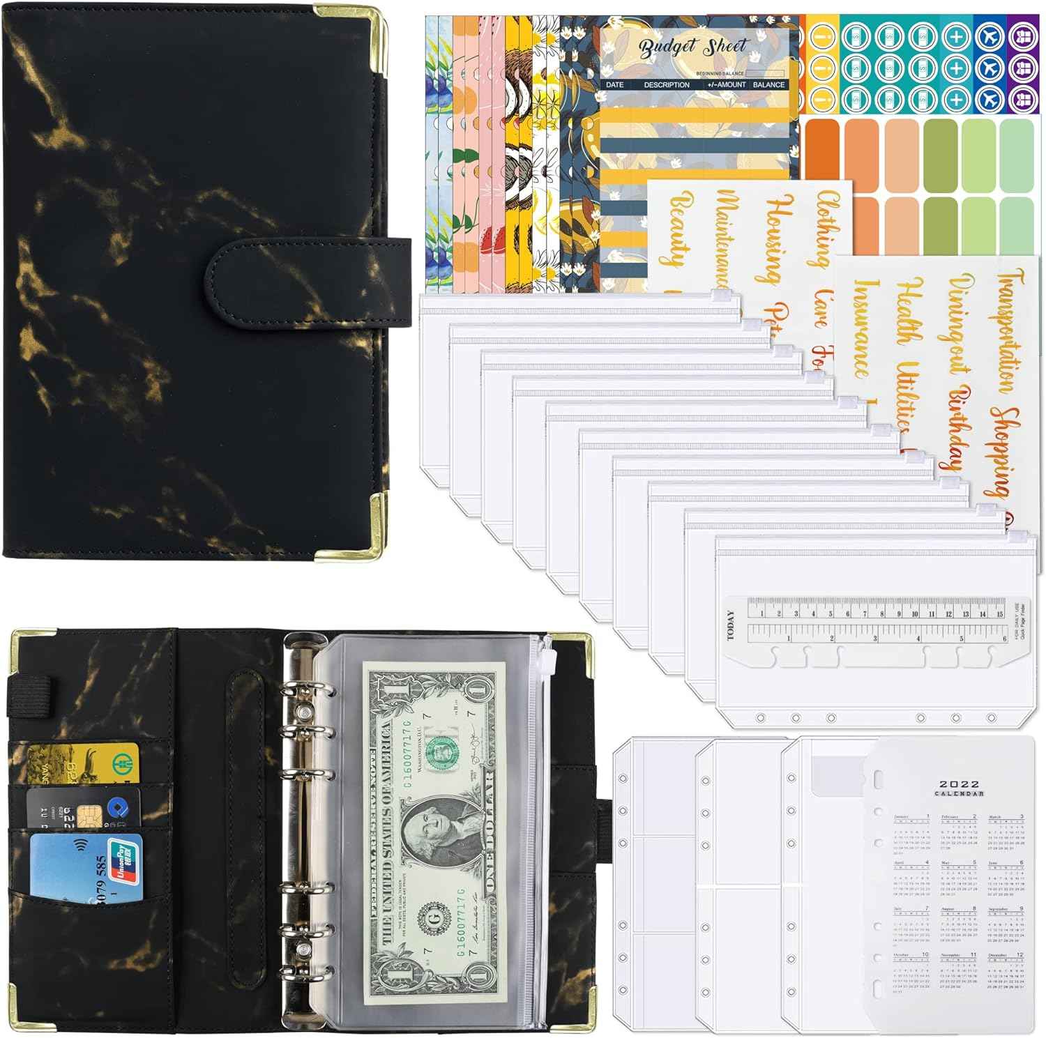 A6 Budget Binder with 12pcs Zipper Cash Envelopes Money Organizer Black