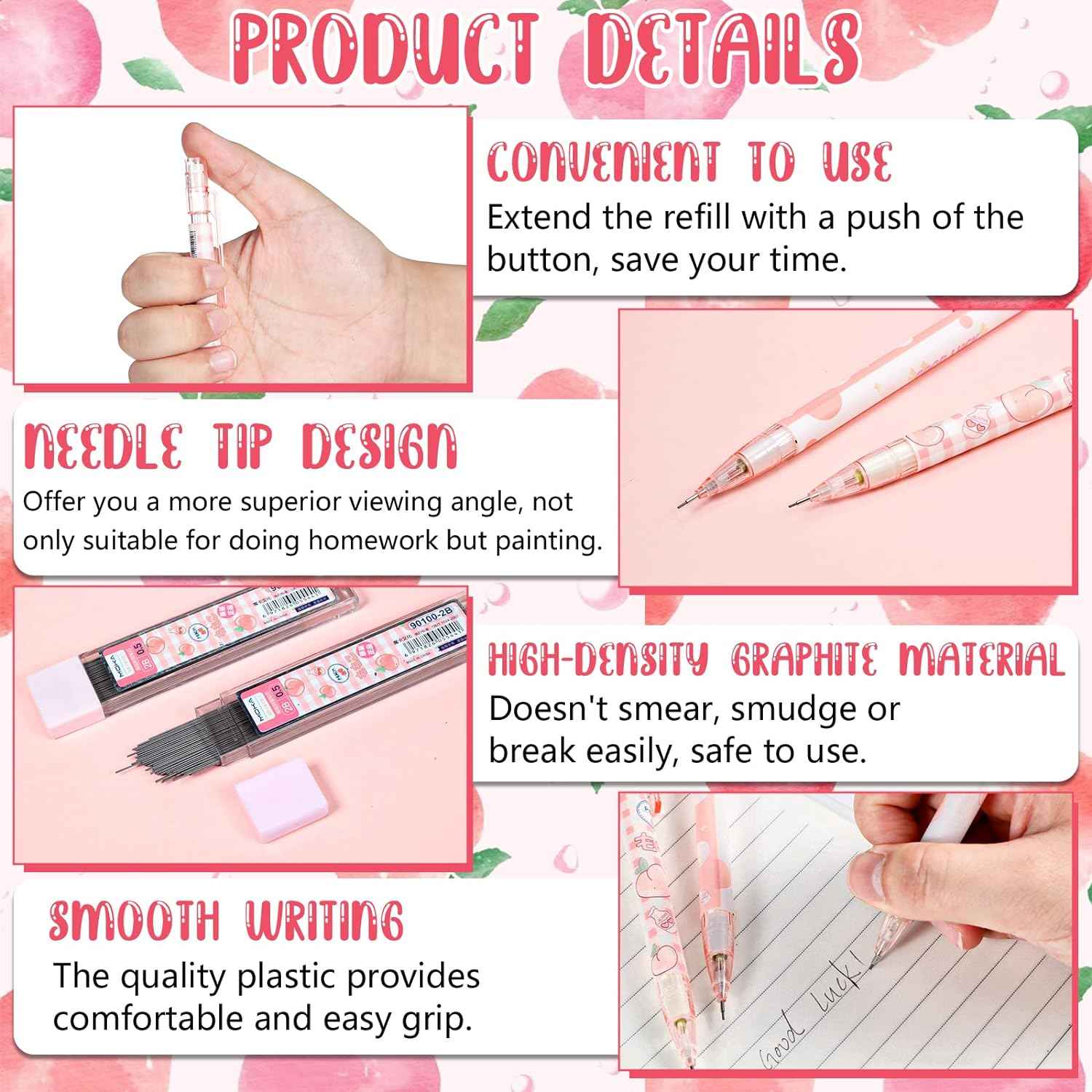 15pcs Peach Mechanical Pencils with 0.5mm Pencil Refills and Erasers