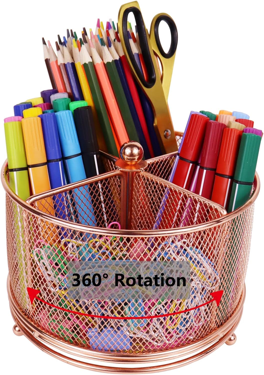 Mesh Rotating Desk Organizer Pen Pencil Holder 4 Compartments Rose Gold