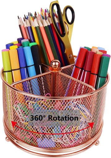 Mesh Rotating Desk Organizer Pen Pencil Holder 4 Compartments Rose Gold