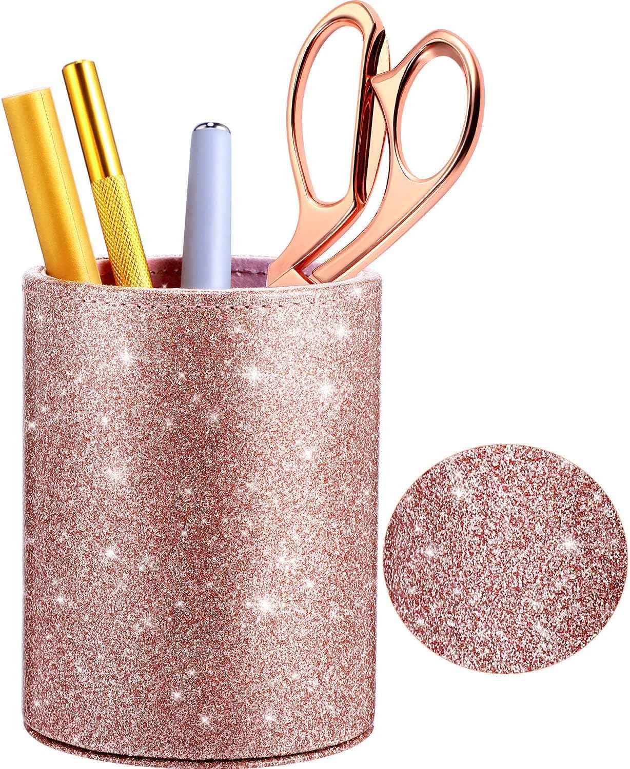 PU Glitter Pen Holder Shiny for Women Girls,Luxury Makeup Brush Holder Pink