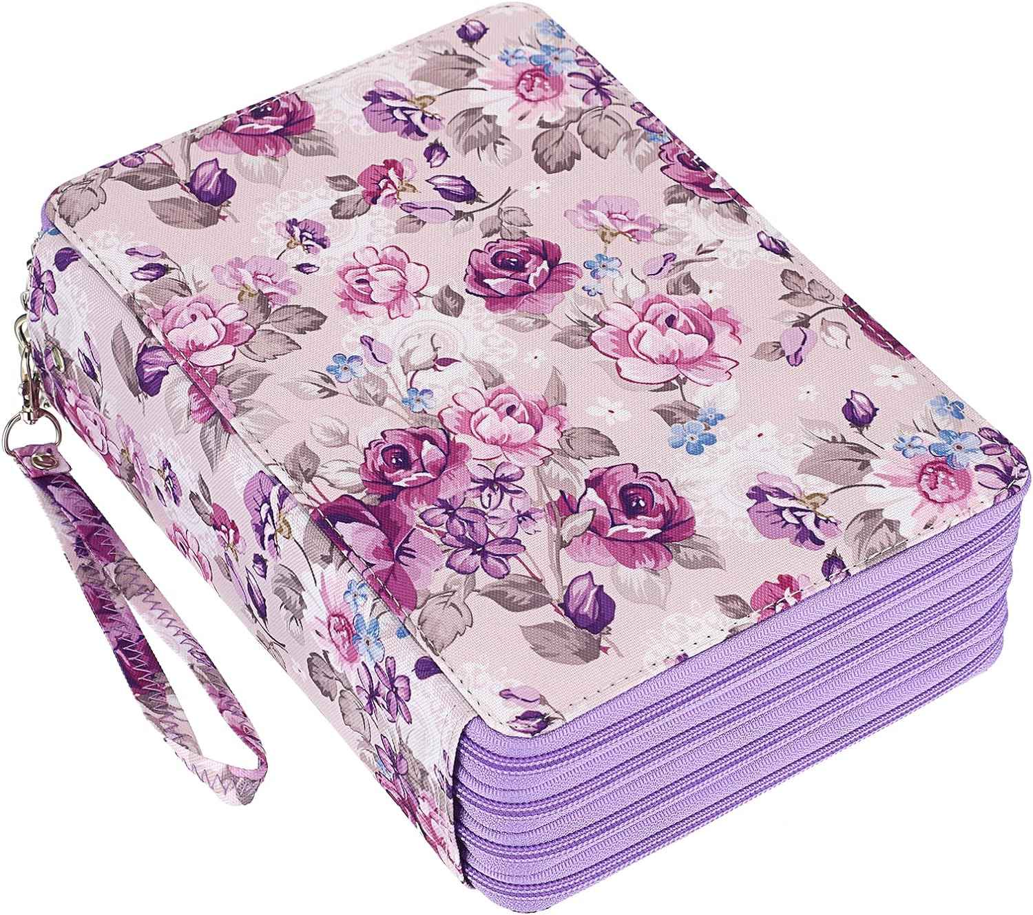200 Slots Colored Pencil Case Large Capacity Pencil Organizer Purple Flower