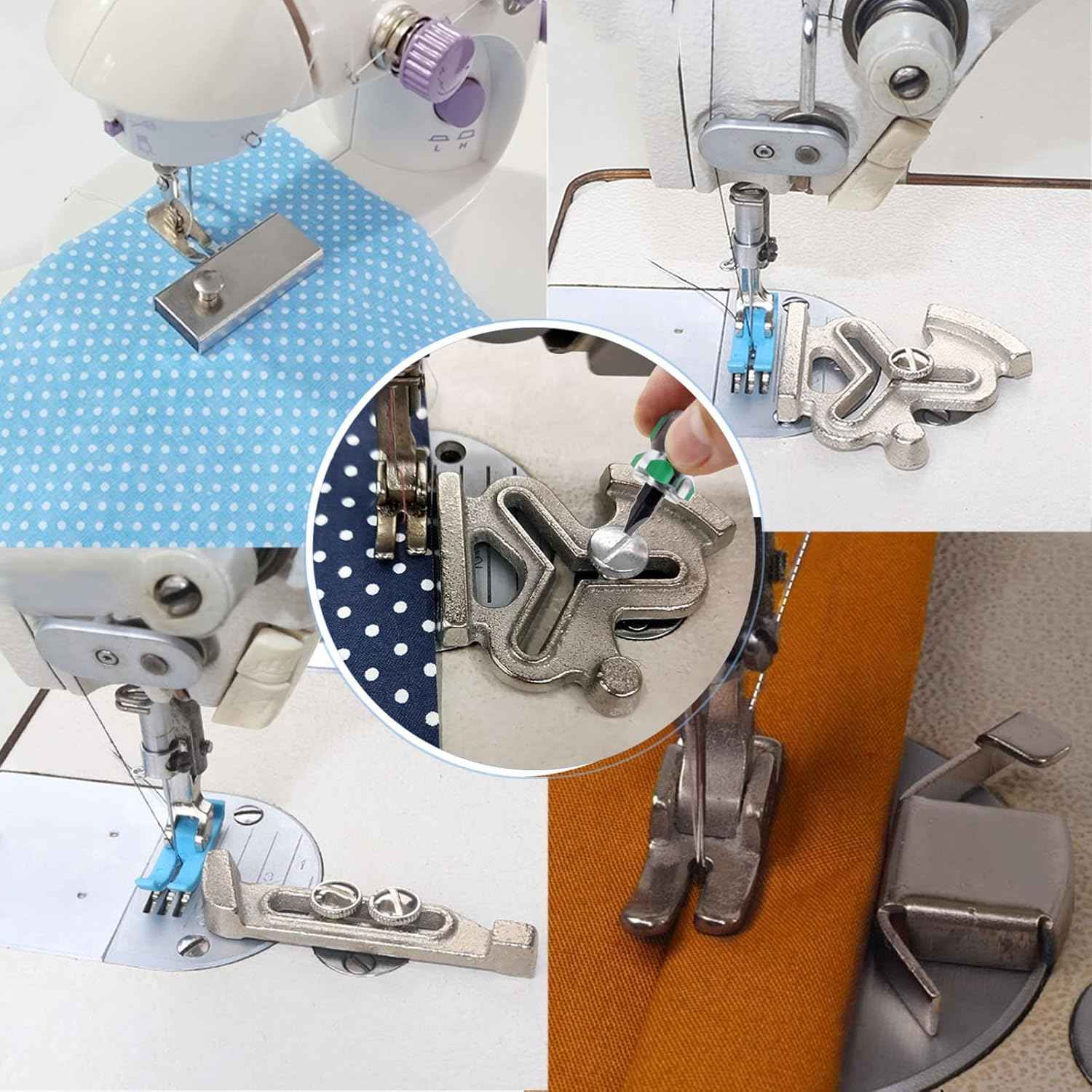 Metal magnetic seam guide mounted on sewing machine with fabric under the needle