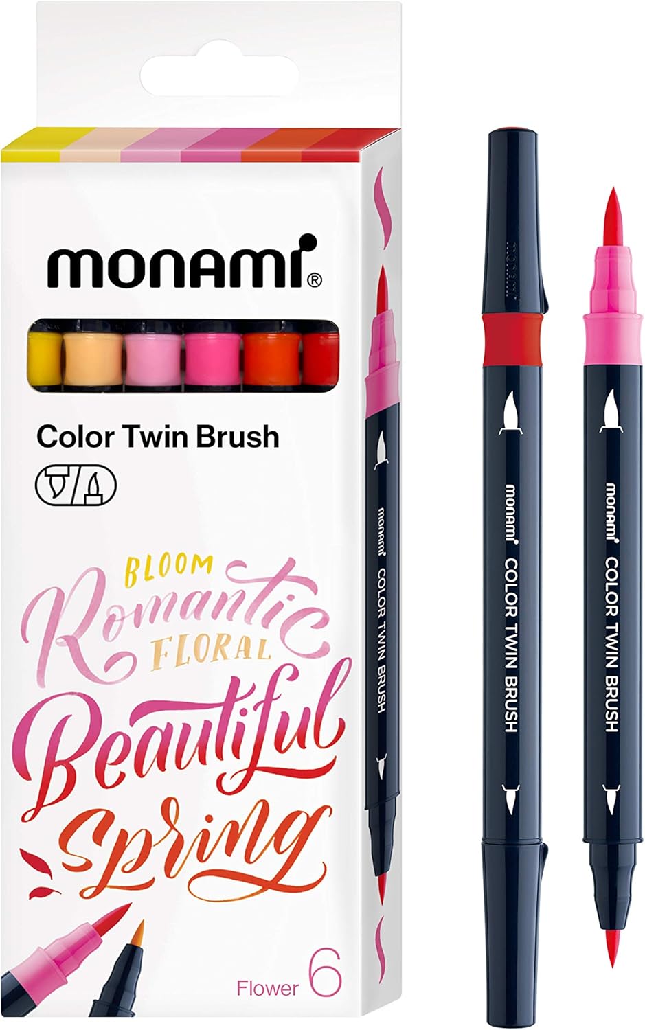 MONAMI Color Twin Brush Marker Pens,Flower Color 6-Pack