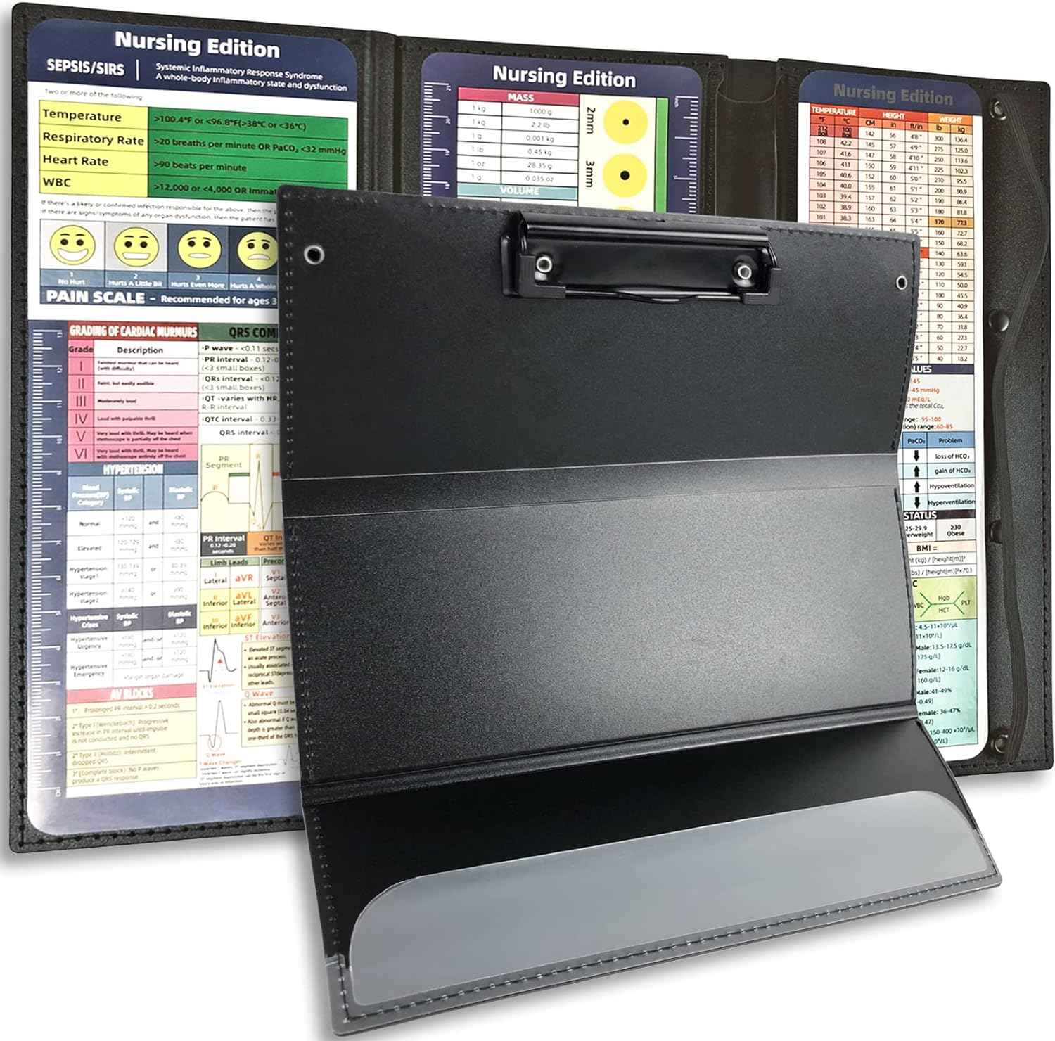 3-Layers Folding Nurse Clipboard with Nursing Edition Cheat Sheets Black