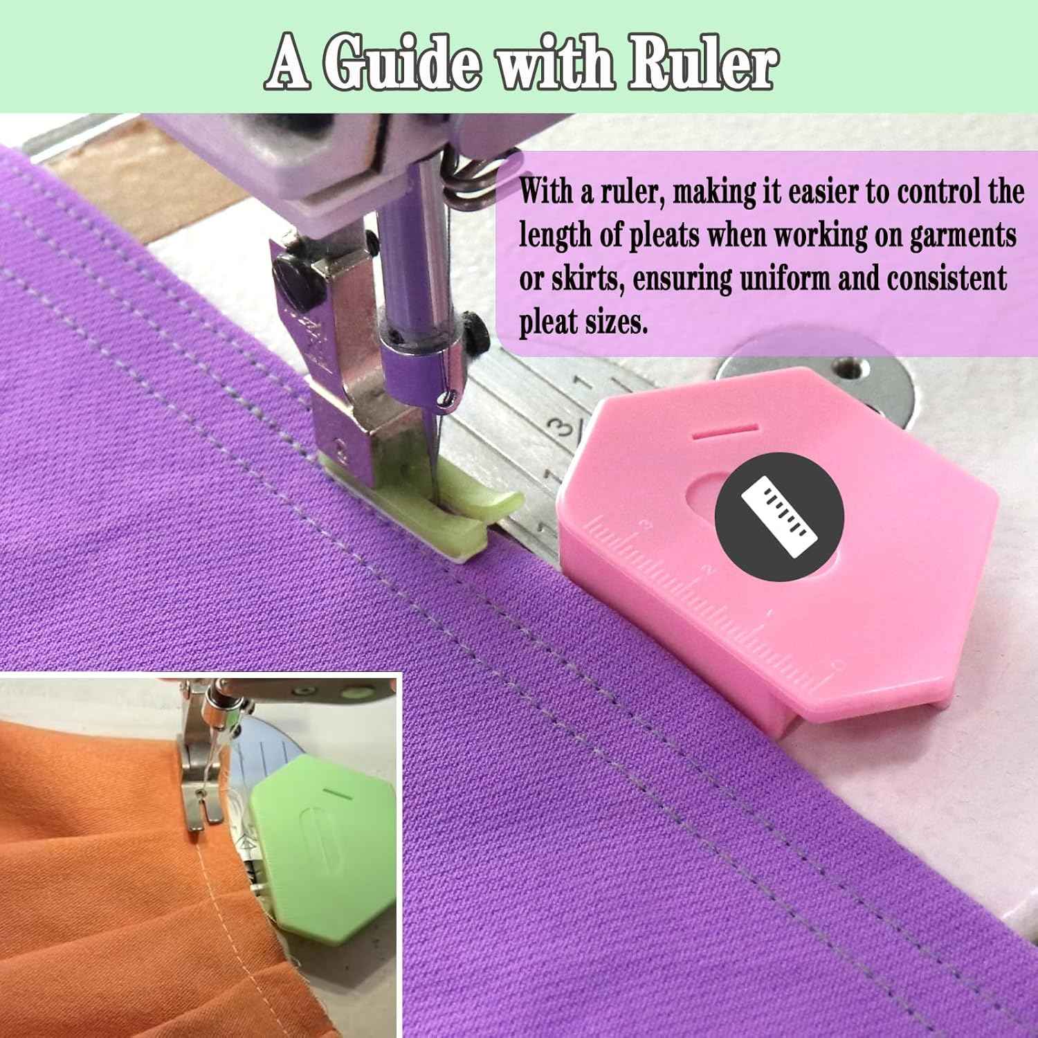 Magnetic seam guide with ruler markings on purple fabric edge stitching