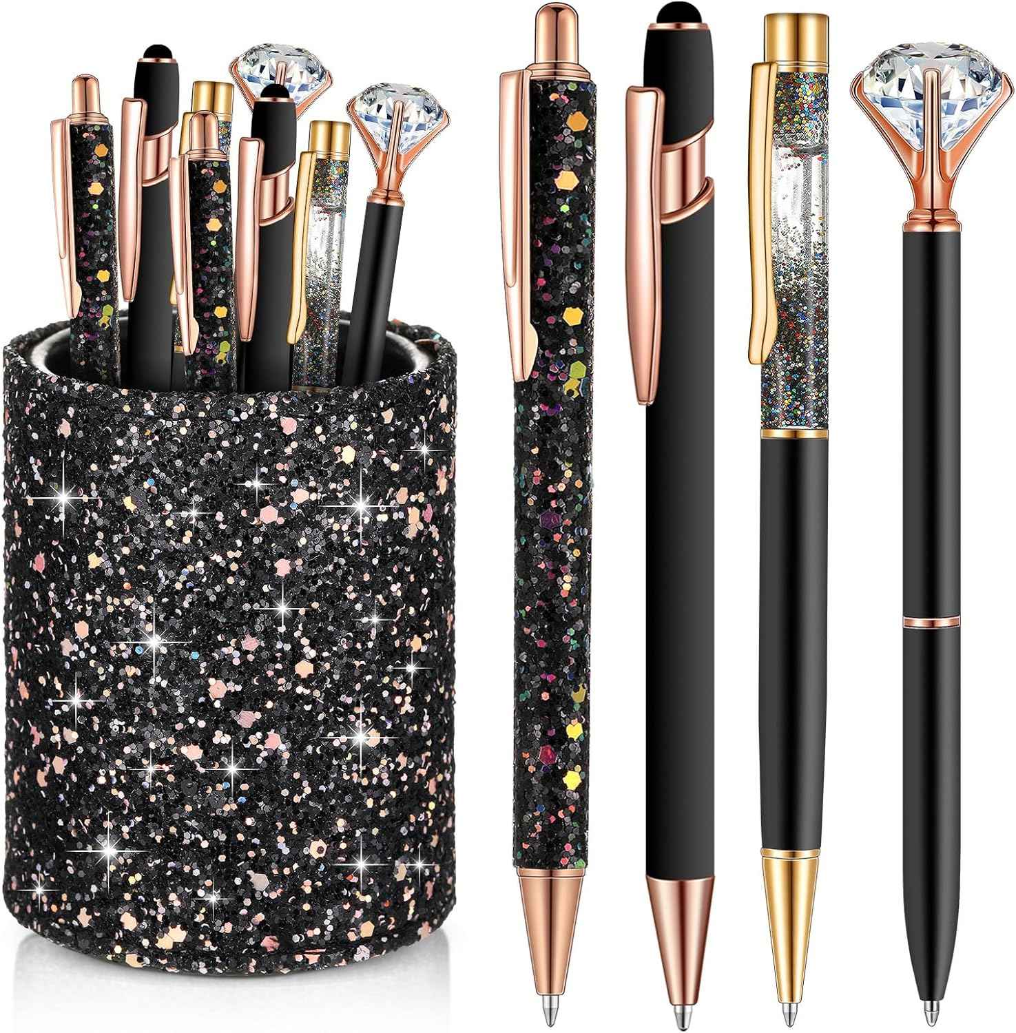 8Pcs Crystal Glitter Ballpoint Pens with Pen Holder for Desk Organizer Black