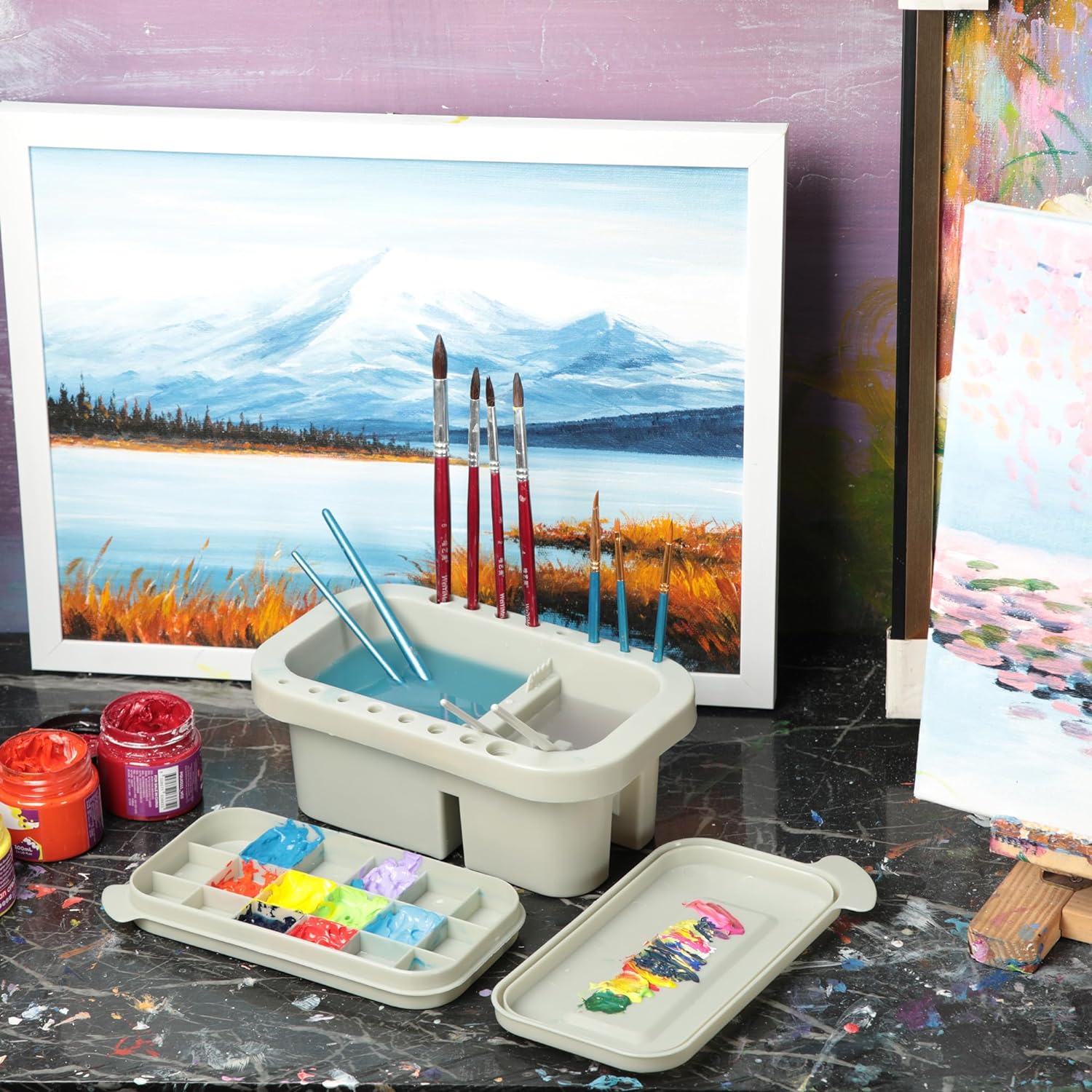 Paint Brush Cleaner Holder and Organizers with Palette