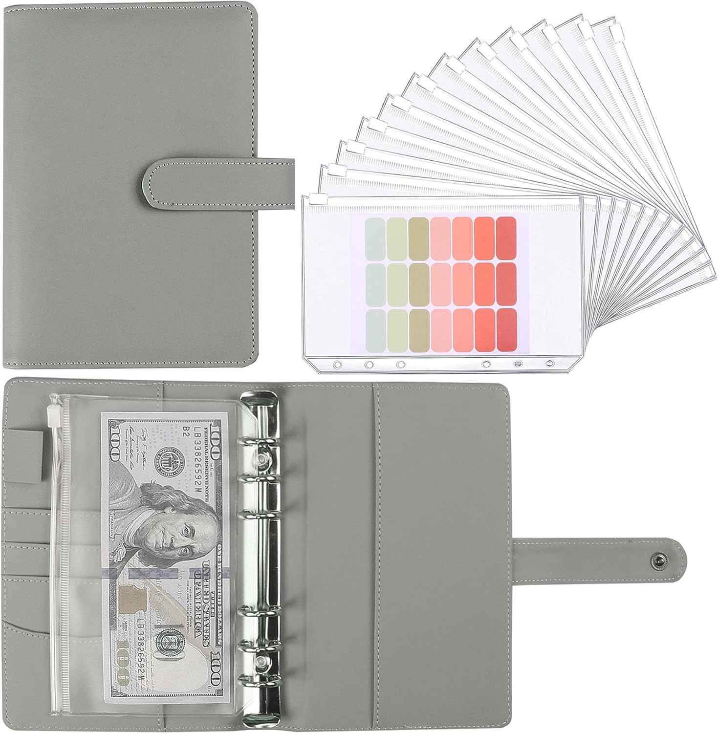 A6 Budget Binder,PU Leather with 12PCS Cash Pockets Light Gray