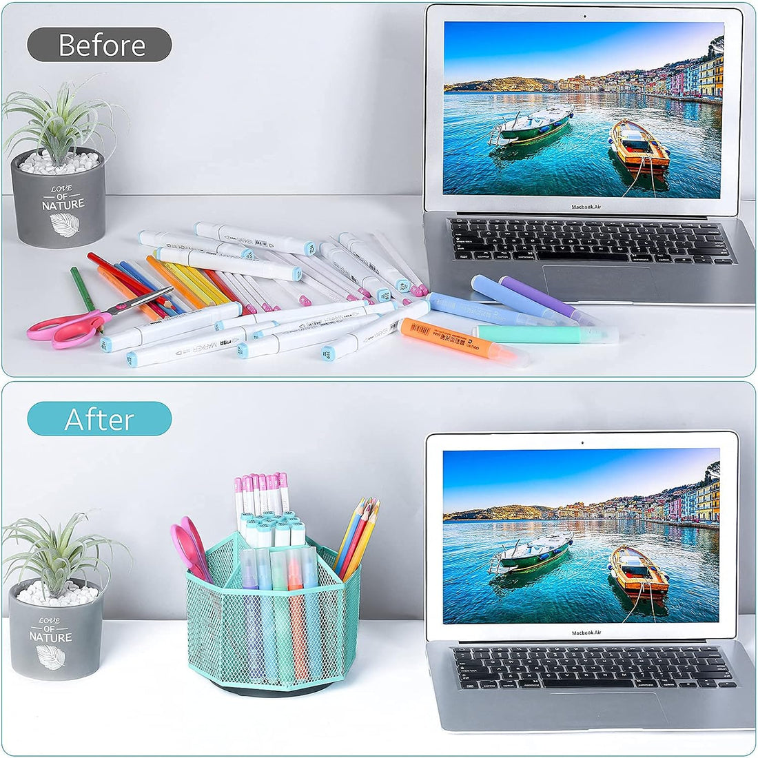 5 Compartments Metal Desk Pen Pencil Organizer Aqua