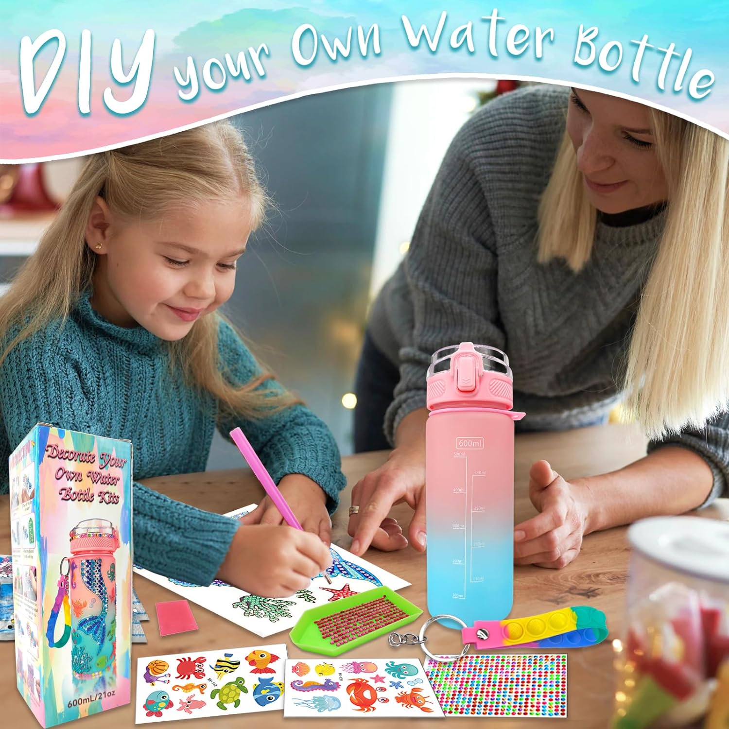 Decorate Your Own Water Bottle Kits for Girls Unicorn/Mermaid