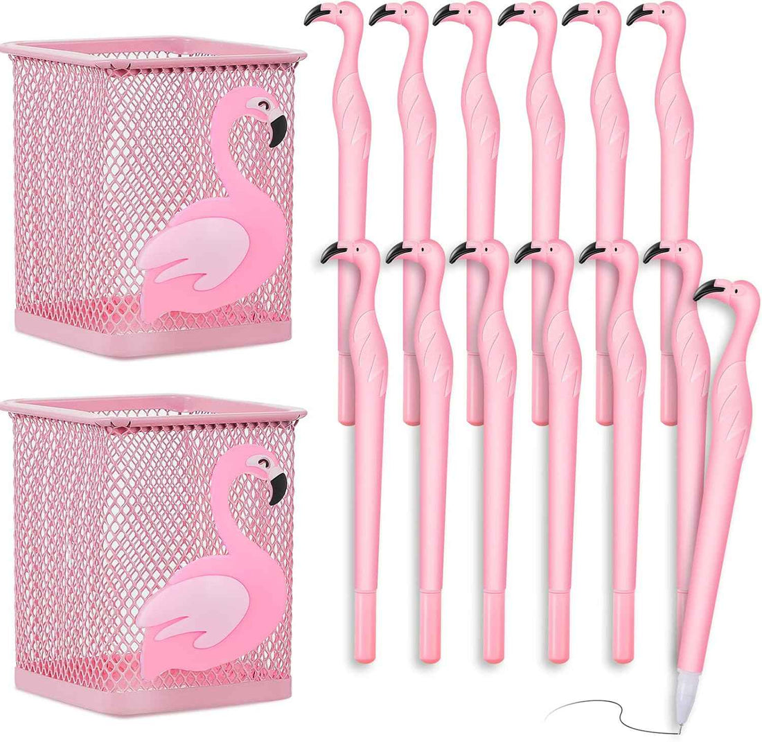 14Pcs Metal Flamingo Gel Pens and Pencil Holder Set Pink