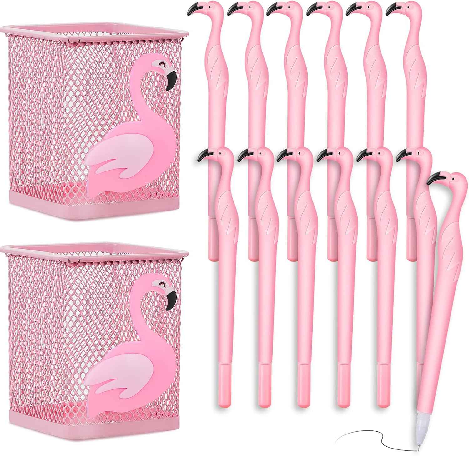 14Pcs Metal Flamingo Gel Pens and Pencil Holder Set Pink