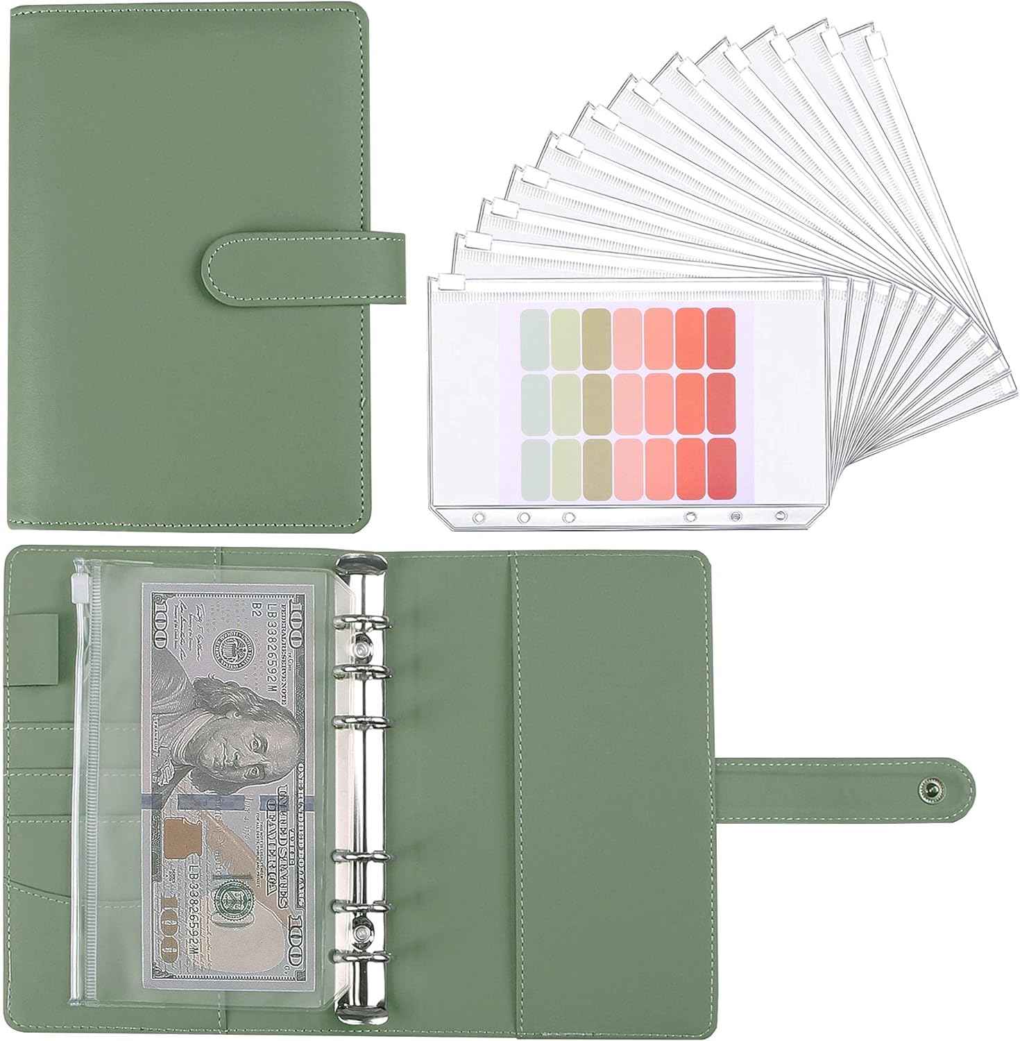 A6 Budget Binder,PU Leather with 12PCS Cash Pockets Green