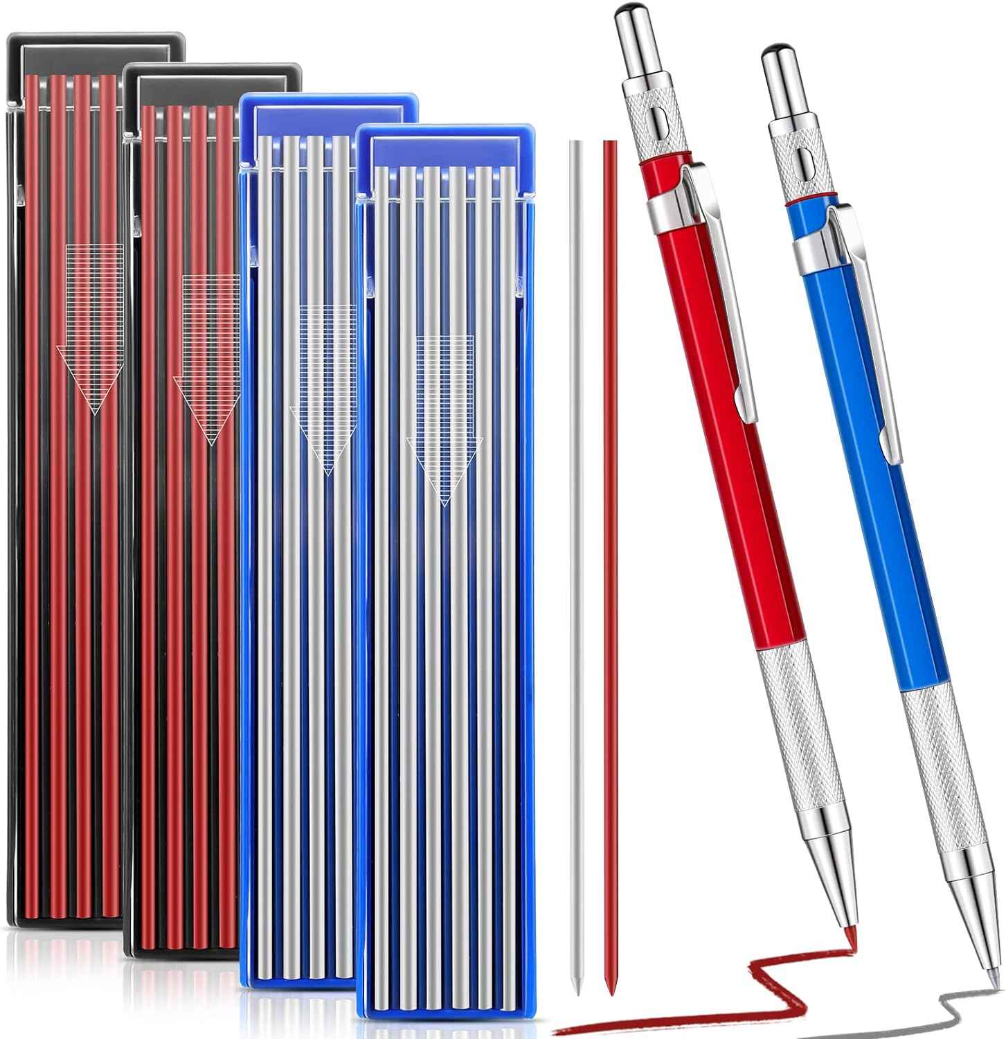 2Pcs Welders Mechanical Pencils with 48PCS Round Refills Red, Silver