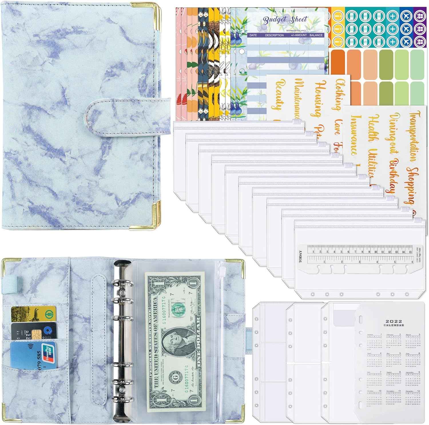 A6 Budget Binder with 12pcs Zipper Cash Envelopes Money Organizer Blue