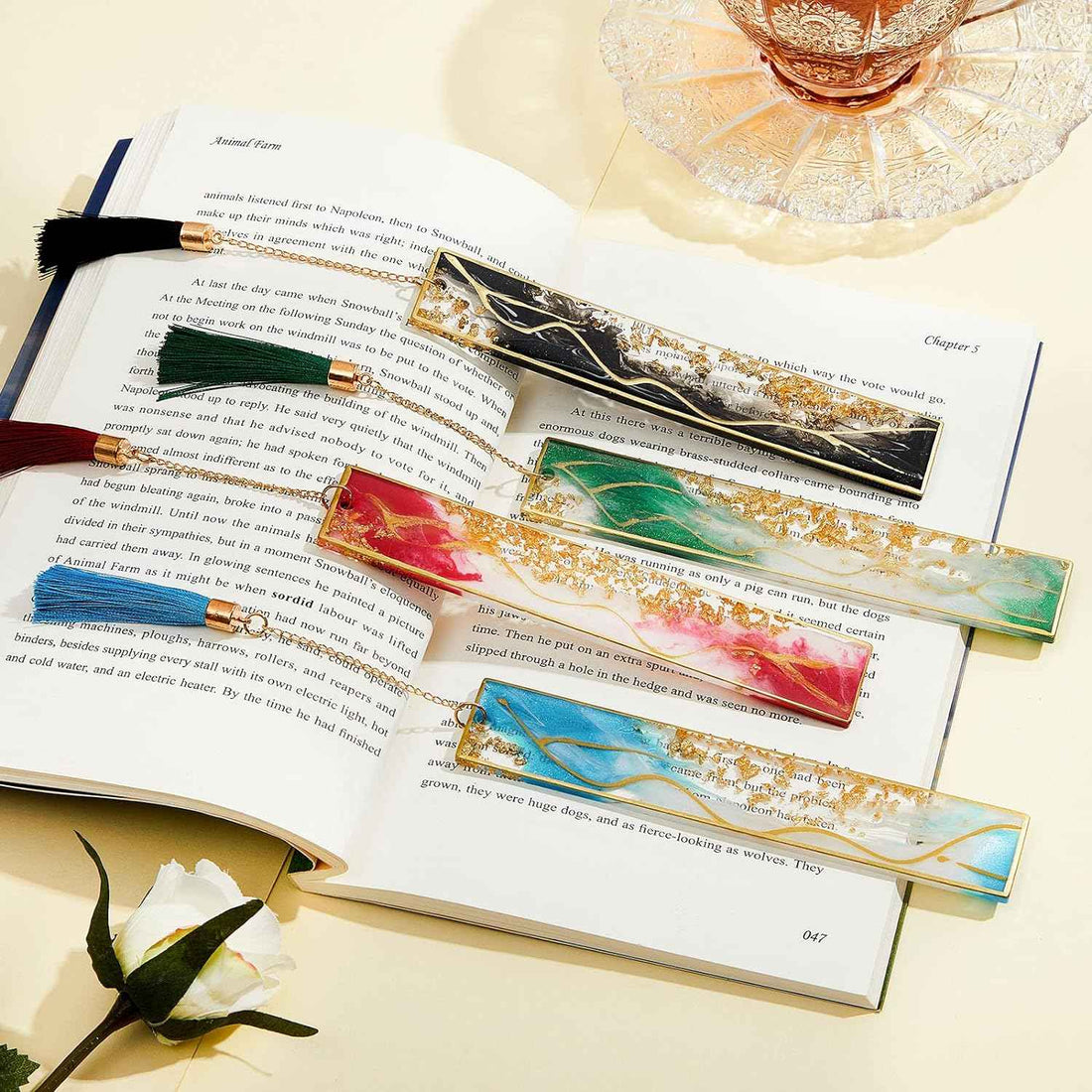 4Pcs Handmade Resin Bookmarks with Tassels Vibrant Color