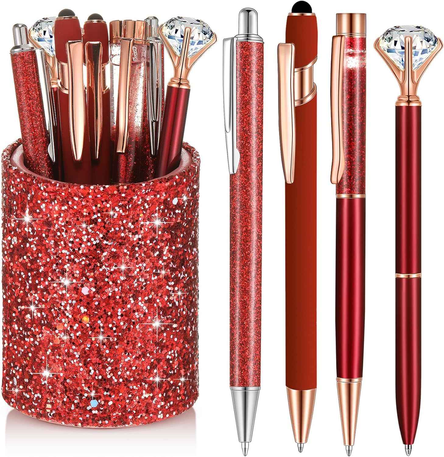 8Pcs Crystal Glitter Ballpoint Pens with Pen Holder for Desk Organizer Red