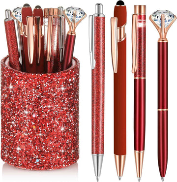 8Pcs Crystal Glitter Ballpoint Pens with Pen Holder for Desk Organizer Red